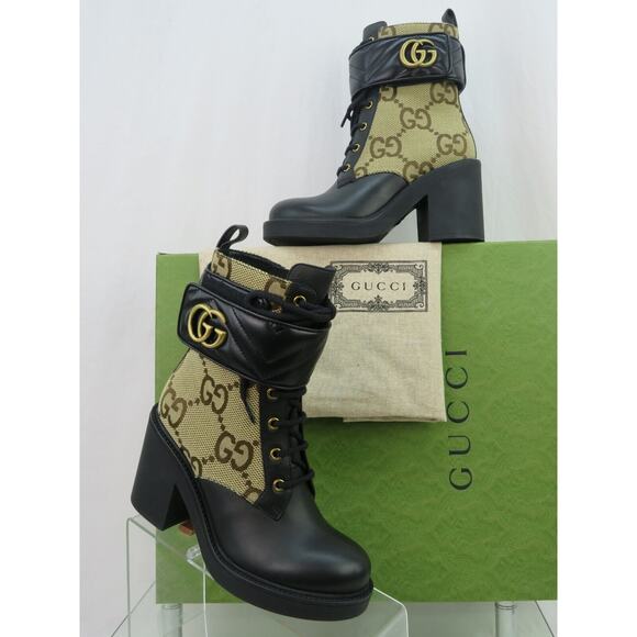 GUCCI 719849 SUPREME LEATHER GG METAL LOGO MONOGRAM SHORT LACE ZIP BOOTS 36.5 - Picture 1 of 12
